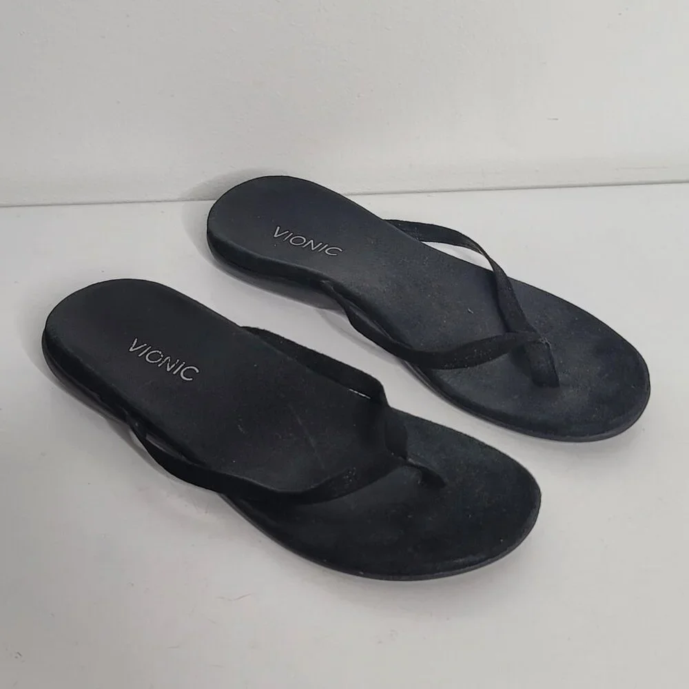 Vionic Orthaheel Womens 344 Corfu‎ Size 9 Black Velvet Thong Flip Flops Sandals